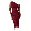 Fashion Dress See Thru Mesh Panel Sleeve Skew Neck Cinched Ruched Bodycon Dress - Rouge Vineux XL | US 12