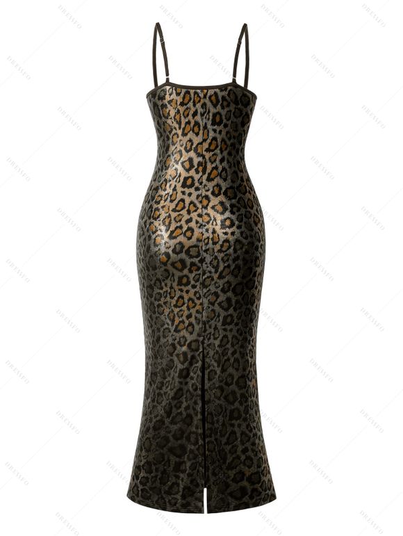 Vintage Vacation Dress Leopard Print Spaghetti Strap Maxi Bodydon Dress - Rouge Vineux L | US 8-10