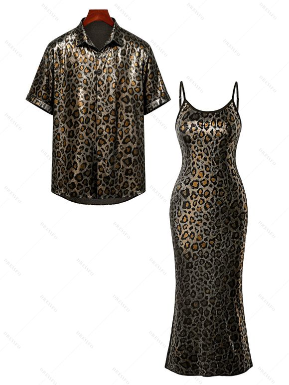 Vintage Vacation Couple Outfit Leopard Print Spaghetti Strap Maxi Bodydon Dress and Shirt Set - Rouge Vineux S | US 4