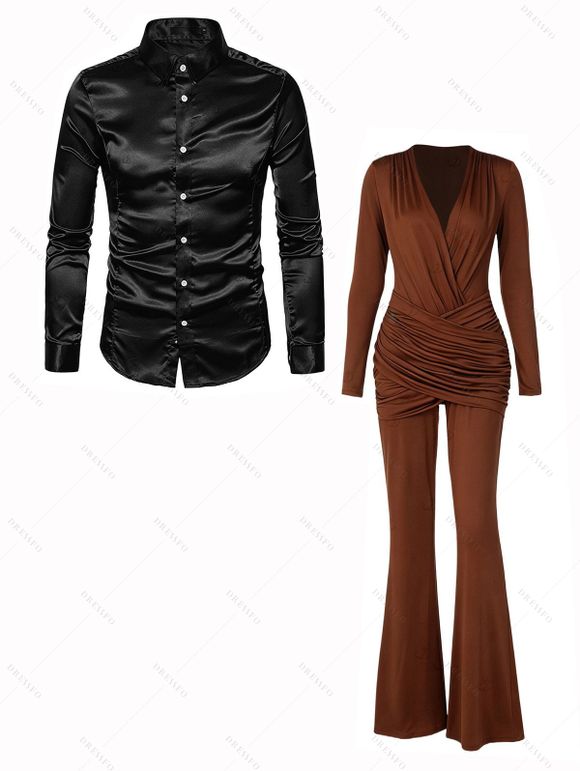 Party Couple Outfit Solid Color Jumpsuit Plunging Neck Ruched Crossover Jumpsuit and Shiny Long Sleeve Shirt Set - Brun S | US 4