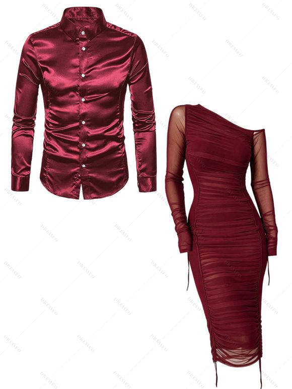 Party Couple Outfit See Thru Mesh Panel Sleeve Skew Neck Cinched Ruched Bodycon Dress and Satin Long Sleeve Shirt Set - Rouge Vineux S | US 4
