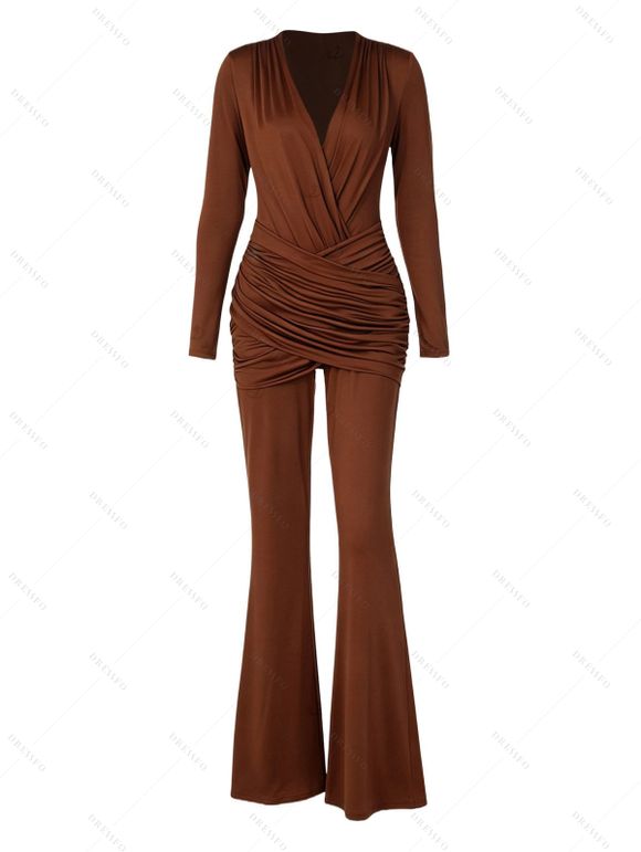 Party Couple Outfit Solid Color Jumpsuit Plunging Neck Ruched Crossover Jumpsuit and Shiny Long Sleeve Shirt Set - Brun S | US 4