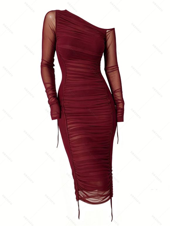 Party Couple Outfit See Thru Mesh Panel Sleeve Skew Neck Cinched Ruched Bodycon Dress and Satin Long Sleeve Shirt Set - Rouge Vineux S | US 4