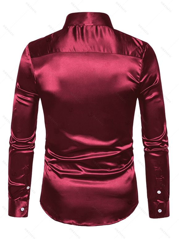 Party Couple Outfit See Thru Mesh Panel Sleeve Skew Neck Cinched Ruched Bodycon Dress and Satin Long Sleeve Shirt Set - Rouge Vineux S | US 4