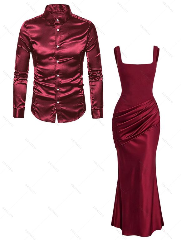 Elegant Party Couple Outfit Solid Color High Slit Square Neck Maxi Dress and Shiny Long Sleeve Shirt Set - Rouge Vineux S | US 4