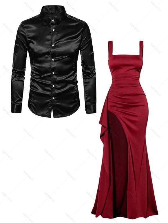 Elegant Party Couple Outfit Solid Color Square Neck Satin Panel Bodycon Maxi Dress and Shiny Long Sleeve Shirt Set - Rouge Vineux S | US 4