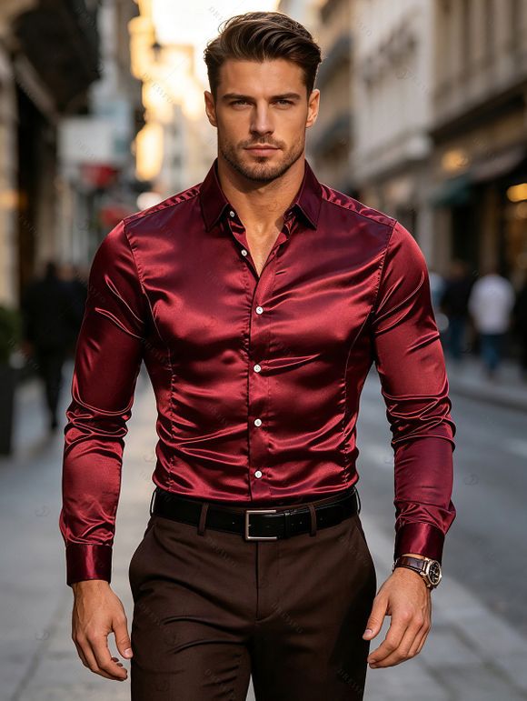 Elegant Party Couple Outfit Solid Color High Slit Square Neck Maxi Dress and Shiny Long Sleeve Shirt Set - Rouge Vineux S | US 4