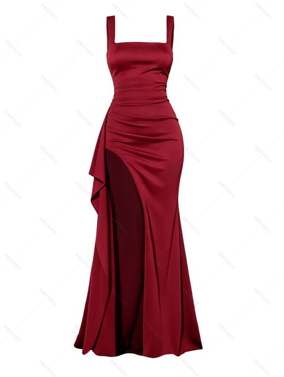 Elegant Party Couple Outfit Solid Color Square Neck Satin Panel Bodycon Maxi Dress and Shiny Long Sleeve Shirt Set - Rouge Vineux S | US 4