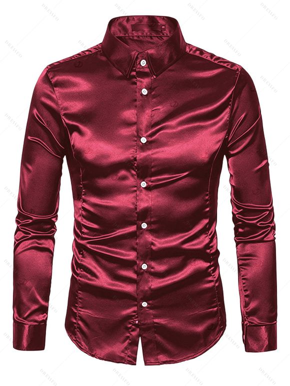 Elegant Party Couple Outfit Solid Color High Slit Square Neck Maxi Dress and Shiny Long Sleeve Shirt Set - Rouge Vineux S | US 4