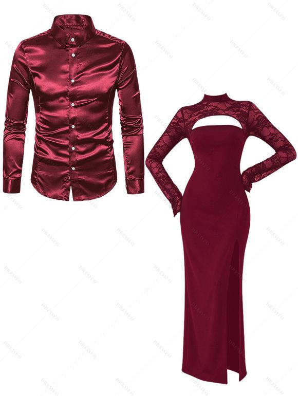 Party Couple Outfit Floral Lace Panel Cut Out Slim Slit Bodycon Dress and Shiny Long Sleeve Shirt Set - Rouge Vineux S | US 4