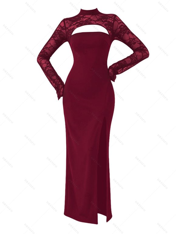 Party Couple Outfit Floral Lace Panel Cut Out Slim Slit Bodycon Dress and Shiny Long Sleeve Shirt Set - Rouge Vineux S | US 4