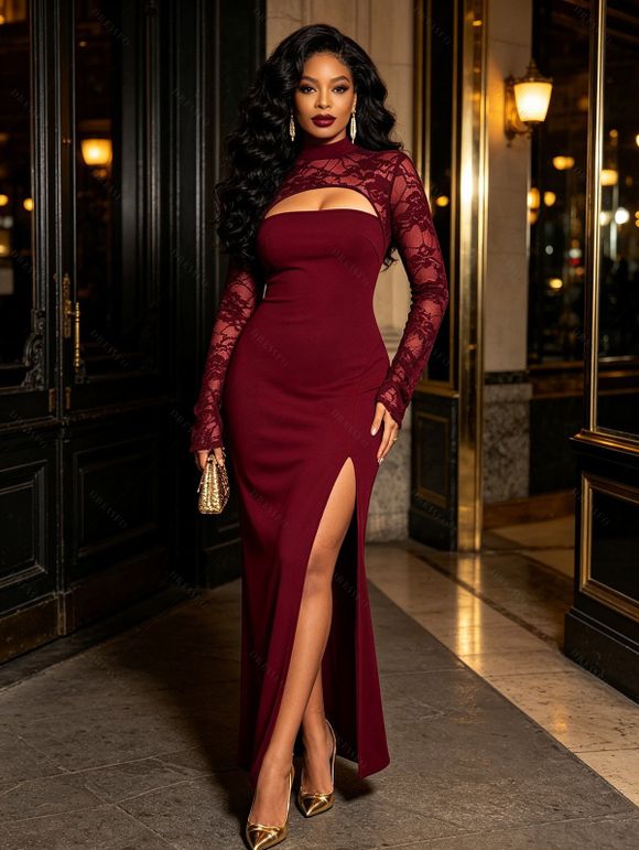 Party Couple Outfit Floral Lace Panel Cut Out Slim Slit Bodycon Dress and Shiny Long Sleeve Shirt Set - Rouge Vineux S | US 4