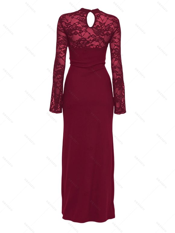 Party Couple Outfit Floral Lace Panel Cut Out Slim Slit Bodycon Dress and Shiny Long Sleeve Shirt Set - Rouge Vineux S | US 4