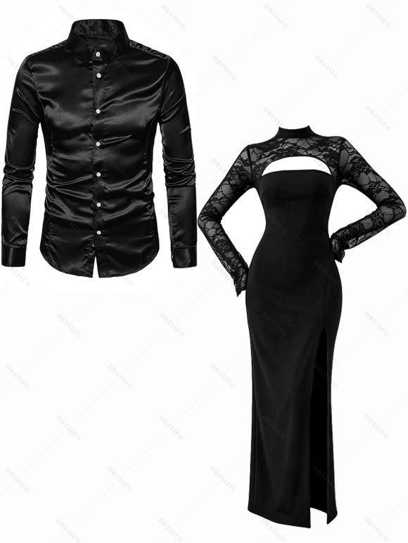 Party Couple Outfit Floral Lace Panel Cut Out Slim Slit Bodycon Dress and Shiny Long Sleeve Shirt Set - Noir S | US 4