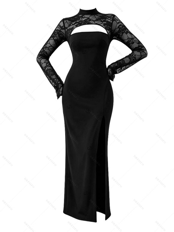 Party Couple Outfit Floral Lace Panel Cut Out Slim Slit Bodycon Dress and Shiny Long Sleeve Shirt Set - Noir S | US 4
