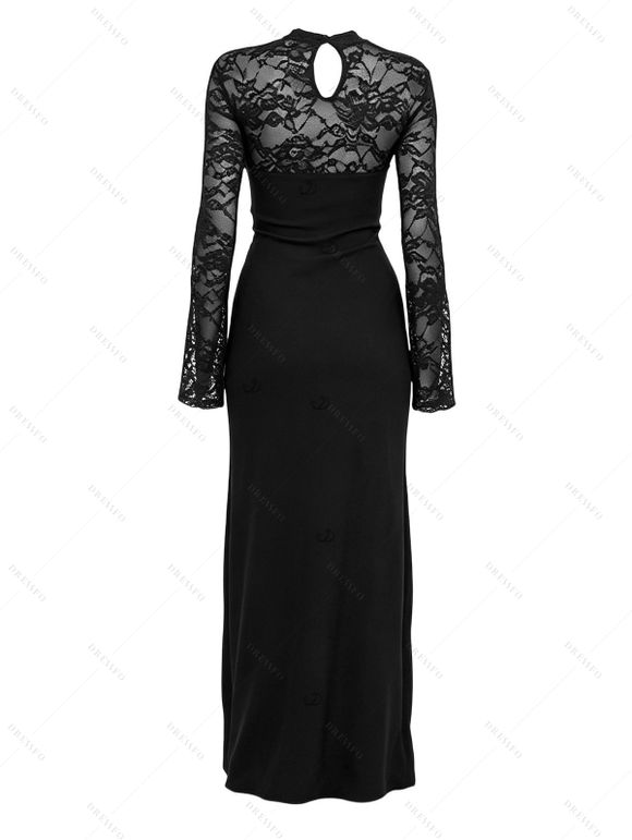 Party Couple Outfit Floral Lace Panel Cut Out Slim Slit Bodycon Dress and Shiny Long Sleeve Shirt Set - Noir S | US 4