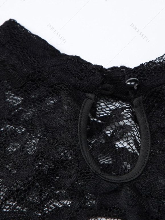 Party Couple Outfit Floral Lace Panel Cut Out Slim Slit Bodycon Dress and Shiny Long Sleeve Shirt Set - Noir S | US 4