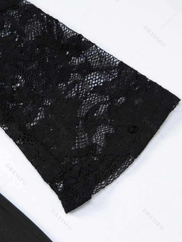Party Couple Outfit Floral Lace Panel Cut Out Slim Slit Bodycon Dress and Shiny Long Sleeve Shirt Set - Noir S | US 4