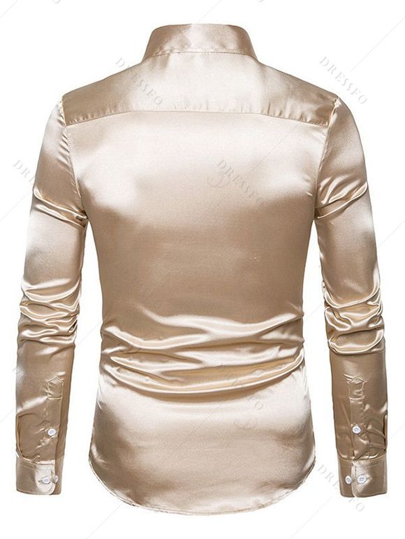 Men's Party Dress Shiny Solid Color Long Sleeve Button Up Satin Shirt - café lumière S