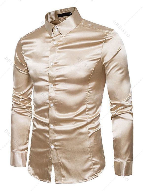 Men's Party Dress Shiny Solid Color Long Sleeve Button Up Satin Shirt - café lumière S