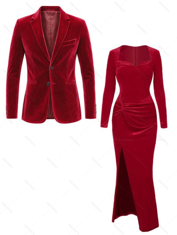 Elegant Party Couple Outfit Twist Ruched Sweetheart Neck Long Sleeve Slit Evening Dress Velvet Suit Set - Rouge S | US 4
