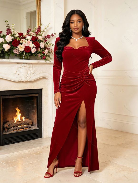 Elegant Party Couple Outfit Twist Ruched Sweetheart Neck Long Sleeve Slit Evening Dress Velvet Suit Set - Rouge S | US 4