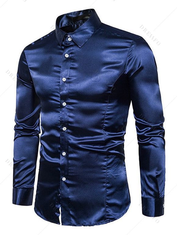 Men's Party Dress Shiny Solid Color Long Sleeve Button Up Satin Shirt - Cadetblue 2XL