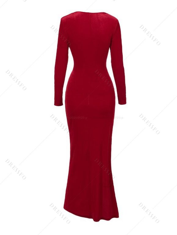 Elegant Party Couple Outfit Twist Ruched Sweetheart Neck Long Sleeve Slit Evening Dress Velvet Suit Set - Rouge S | US 4