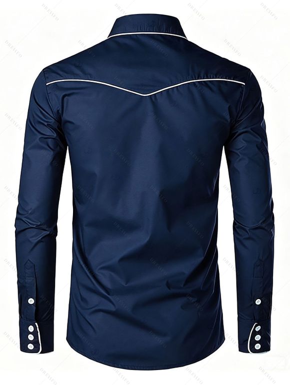 Men's Western Style Shirt Embroidered Button Up Long Sleeve Shirt - Bleu de Minuit S