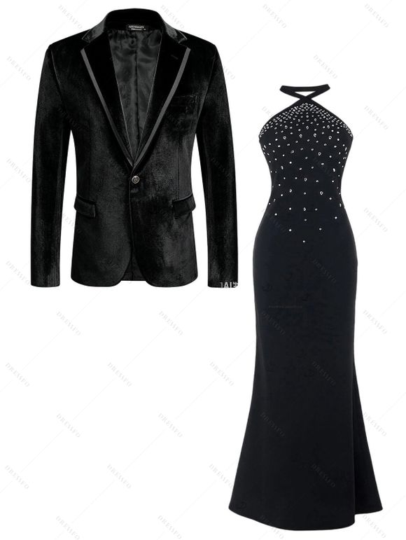 Party Couple Outfit Rhinestone Halter Maxi Dress and Lapel Long Sleeve Velvet Suit Set - Noir S | US 4