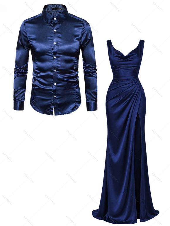 Party Couple Outfit Solid Color Ruched High Slit Bodycon Dress and Satin Shirt Set - Cadetblue S | US 4