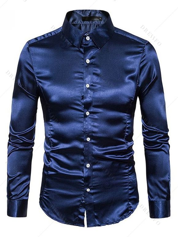 Party Couple Outfit Solid Color Ruched High Slit Bodycon Dress and Satin Shirt Set - Cadetblue S | US 4