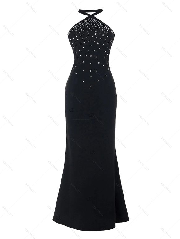 Party Couple Outfit Rhinestone Halter Maxi Dress and Lapel Long Sleeve Velvet Suit Set - Noir S | US 4