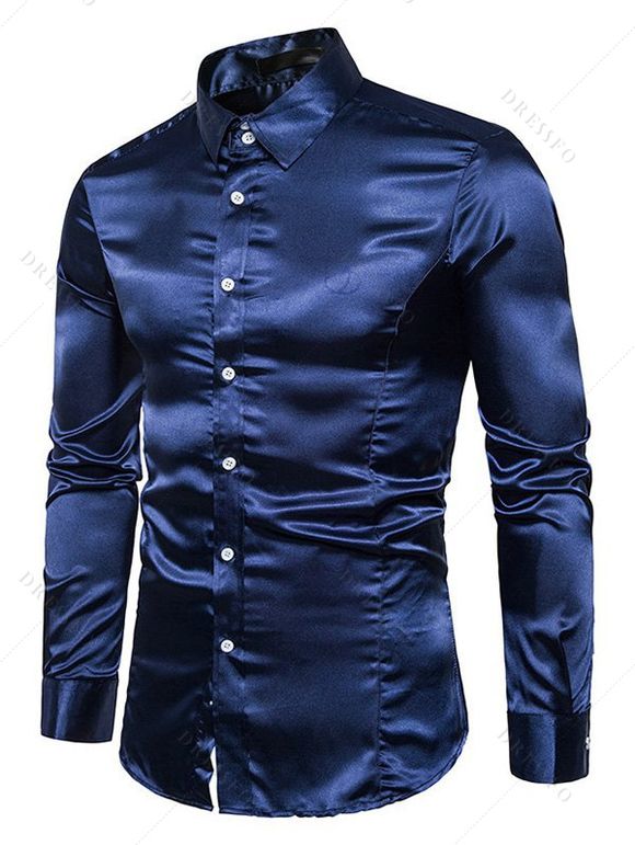Party Couple Outfit Solid Color Ruched High Slit Bodycon Dress and Satin Shirt Set - Cadetblue S | US 4