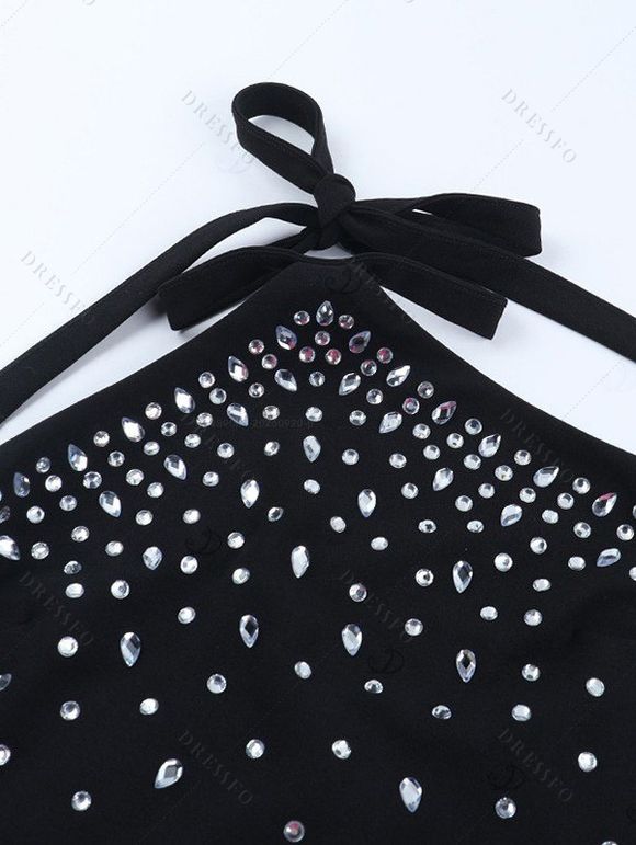 Party Couple Outfit Rhinestone Halter Maxi Dress and Lapel Long Sleeve Velvet Suit Set - Noir S | US 4