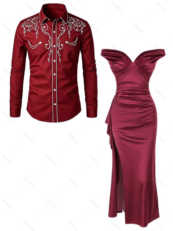 Burgundy Evening Couple Outfit Solid Color Ruched Off the Shoulder High Slit Satin Dress and Embroidered Shirt Set - Rouge Vineux S | US 4