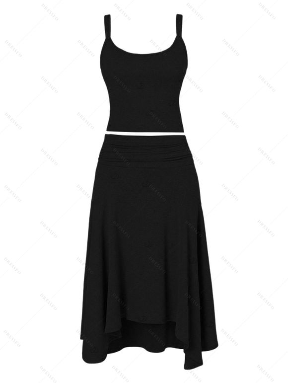 Athletic Women Two Piece Outfits Solid Color Crop Cami Top and High Waist Skirt Set - Noir XL | US 12