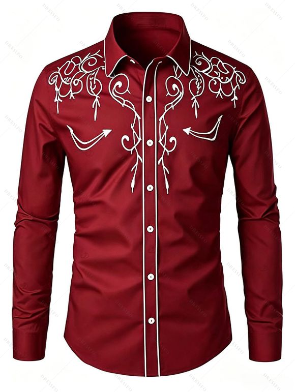 Burgundy Evening Couple Outfit Solid Color Ruched Off the Shoulder High Slit Satin Dress and Embroidered Shirt Set - Rouge Vineux S | US 4