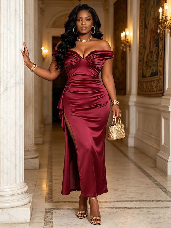 Burgundy Evening Couple Outfit Solid Color Ruched Off the Shoulder High Slit Satin Dress and Embroidered Shirt Set - Rouge Vineux S | US 4