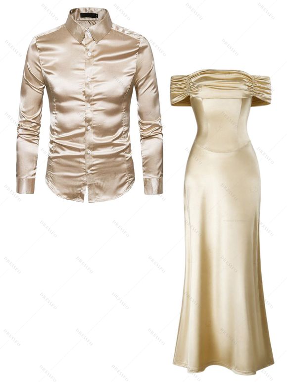 Elegant Party Couple Outfit Off the Shoulder Ruched Solid Color Bodycon Dress and Long Sleeve Shirt Set - Champagne S | US 4