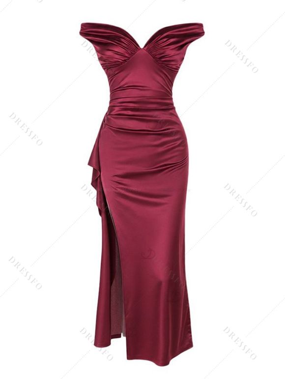 Burgundy Evening Couple Outfit Solid Color Ruched Off the Shoulder High Slit Satin Dress and Embroidered Shirt Set - Rouge Vineux S | US 4