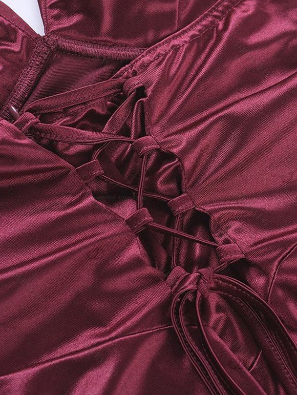 Burgundy Evening Couple Outfit Solid Color Ruched Off the Shoulder High Slit Satin Dress and Embroidered Shirt Set - Rouge Vineux S | US 4