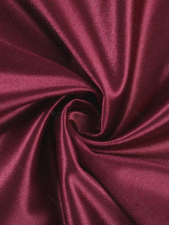 Burgundy Evening Couple Outfit Solid Color Ruched Off the Shoulder High Slit Satin Dress and Embroidered Shirt Set - Rouge Vineux S | US 4