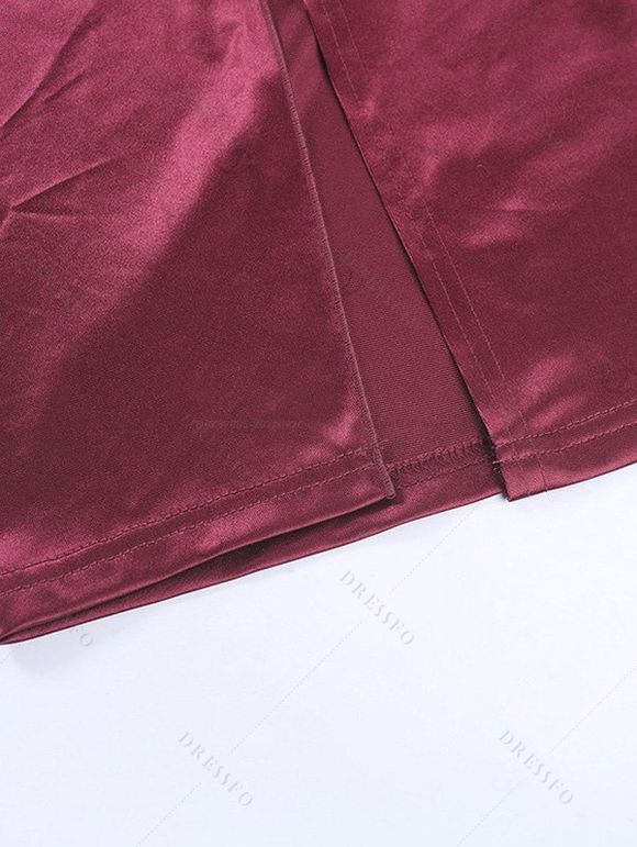 Burgundy Evening Couple Outfit Solid Color Ruched Off the Shoulder High Slit Satin Dress and Embroidered Shirt Set - Rouge Vineux S | US 4