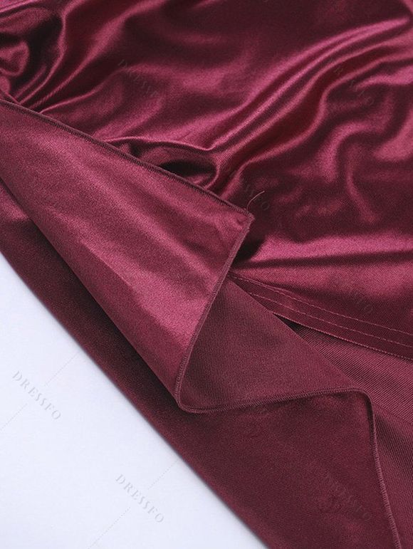 Burgundy Evening Couple Outfit Solid Color Ruched Off the Shoulder High Slit Satin Dress and Embroidered Shirt Set - Rouge Vineux S | US 4