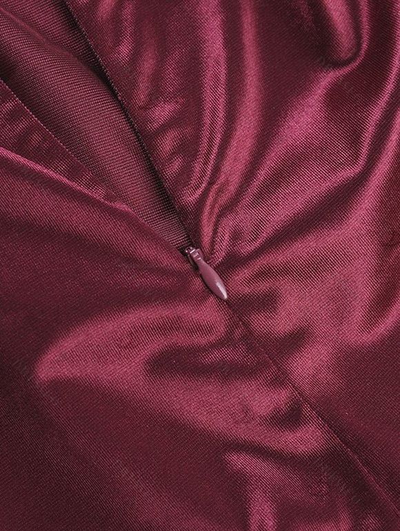 Burgundy Evening Couple Outfit Solid Color Ruched Off the Shoulder High Slit Satin Dress and Embroidered Shirt Set - Rouge Vineux S | US 4