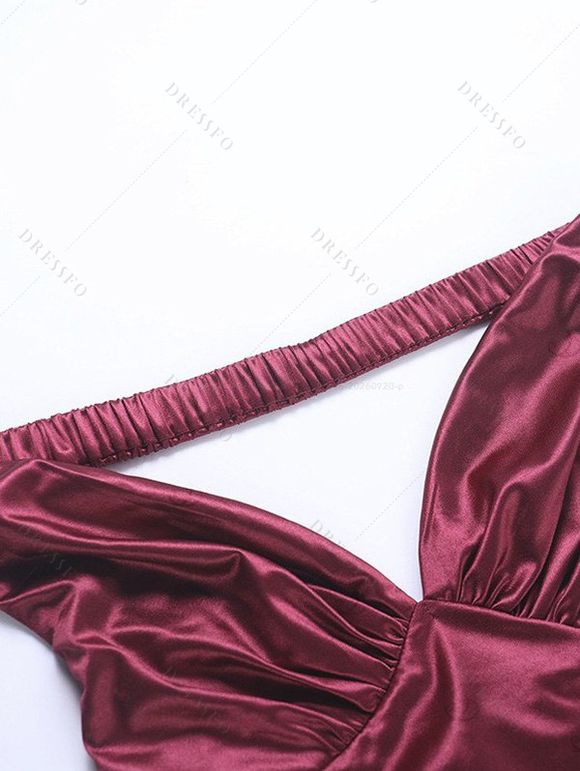 Burgundy Evening Couple Outfit Solid Color Ruched Off the Shoulder High Slit Satin Dress and Embroidered Shirt Set - Rouge Vineux S | US 4