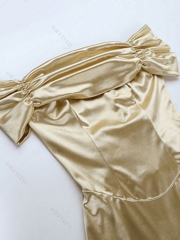 Elegant Party Couple Outfit Off the Shoulder Ruched Solid Color Bodycon Dress and Long Sleeve Shirt Set - Champagne S | US 4