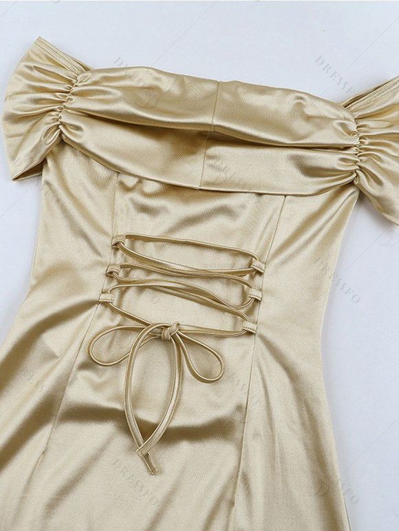 Elegant Party Couple Outfit Off the Shoulder Ruched Solid Color Bodycon Dress and Long Sleeve Shirt Set - Champagne S | US 4