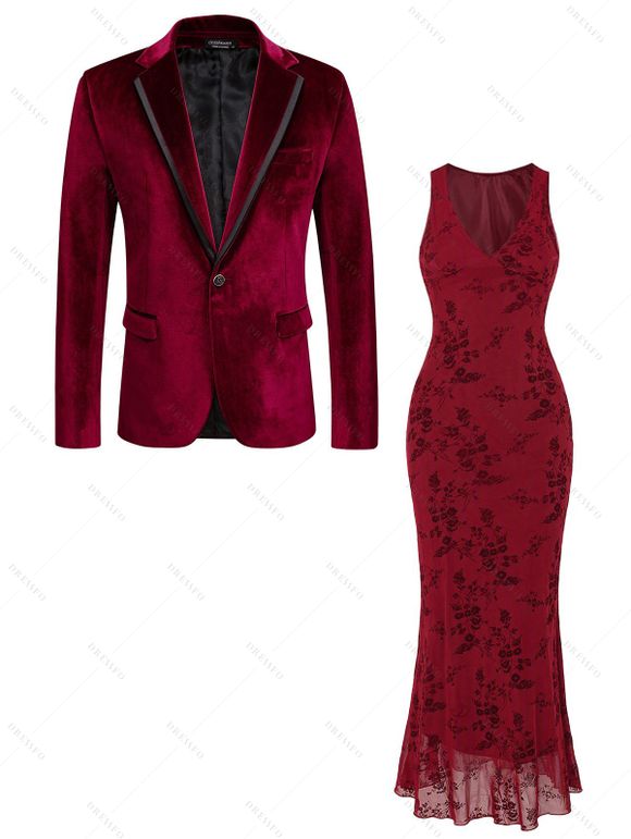 Cocktail Party Couple Outfit Solid Color Flocked Flower Mesh Plunging Neck Bodycon Midi Dress and Laper Collar Suit Set - Rouge Vineux S | US 4